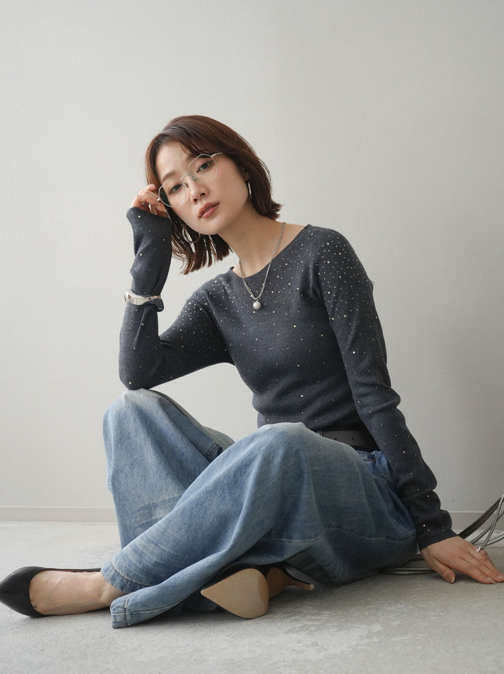 【預購】亮片透視針織上衣 / 灰色