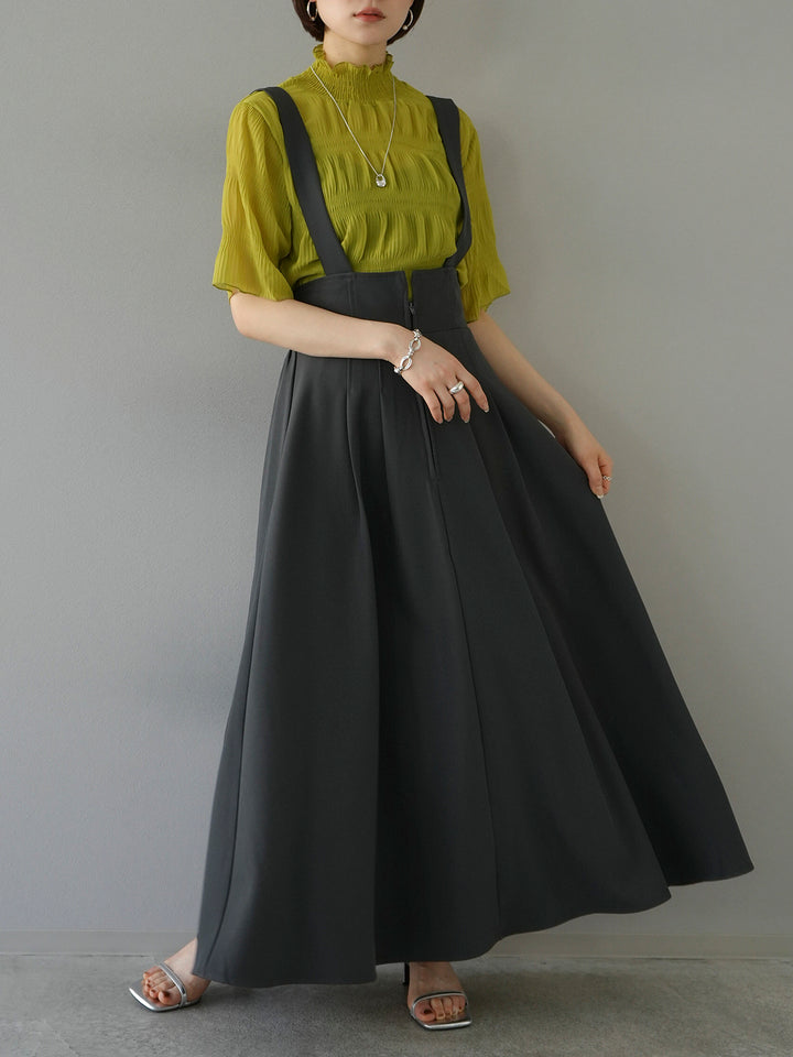 [SET] Shirring chiffon half sleeve blouse + 2WAY flare jumper skirt (2set)