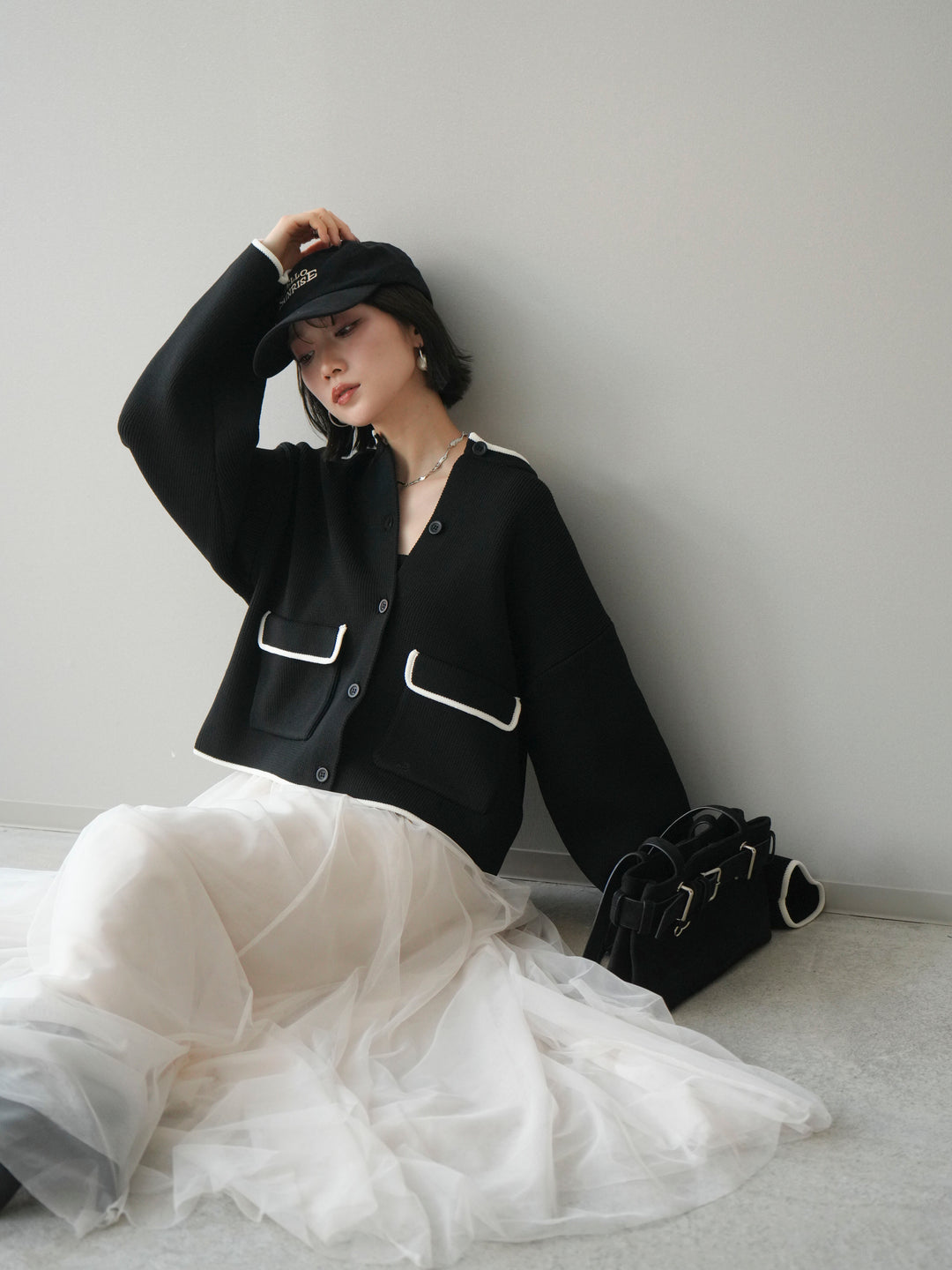 [SET]ポリエステル配色ニットカーディガン+チュールボリュームスカート(2set)