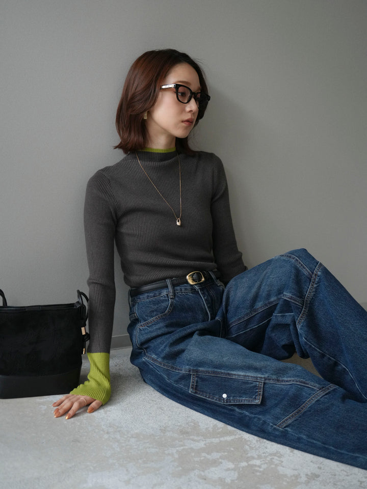 [SET]袖ボタンハイネック配色リブニットトップス+袖ボタンハイネック配色リブニットトップス(2set)