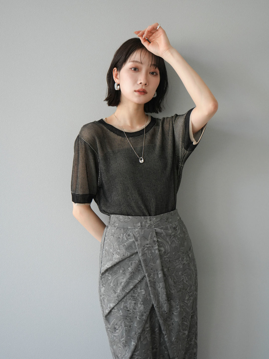 [SET]リネンタッチ配色二重臼ハーフニットトップス+選べるアソート柄スカートセット(2set)