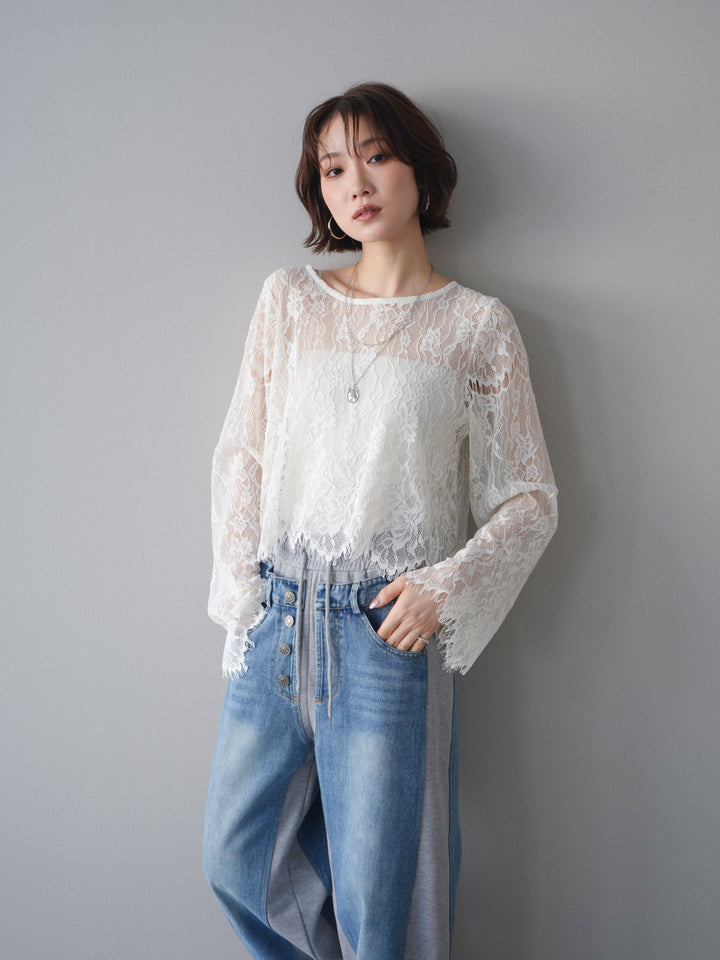 [SET]2WAYスリーブレーストップス+デニム切替スウェットパンツ(2set)