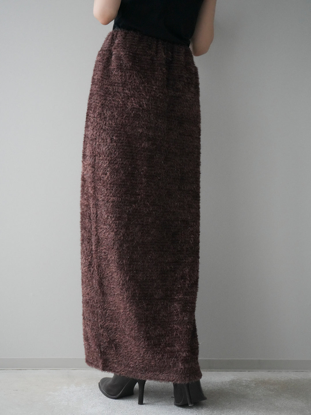 [予約]ラメシャギーフロントジップスカート/brown