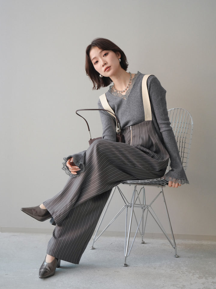 [予約]レースドッキングVネックニットトップス/gray