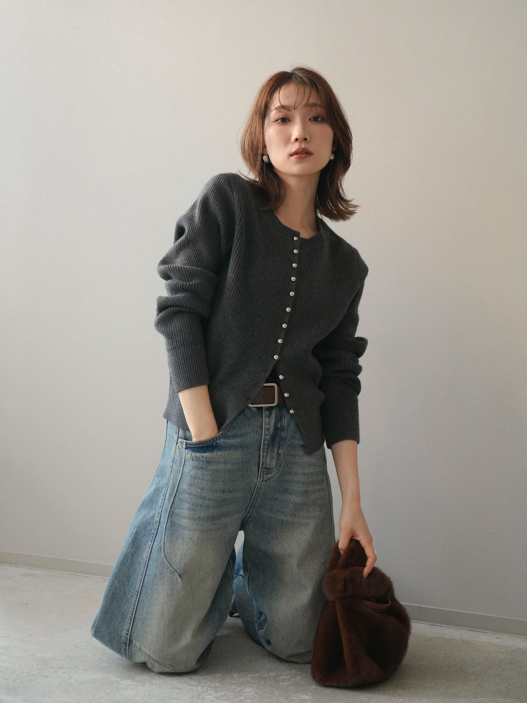 [予約]シルバーボタン畦編みニットカーディガン/charcoal
