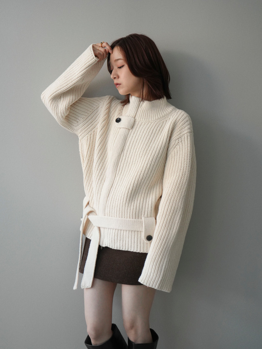 [予約]畦編みボトルネックZIPニットカーディガン/white