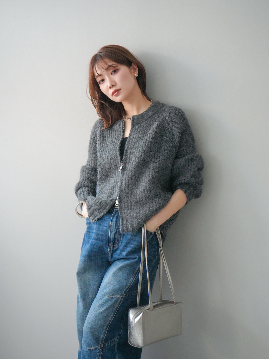 [予約]MIXヤーンモヘアタッチZIPニットカーディガン/gray