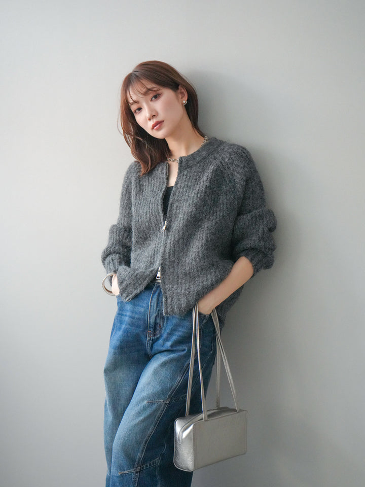 [予約]MIXヤーンモヘアタッチZIPニットカーディガン/gray