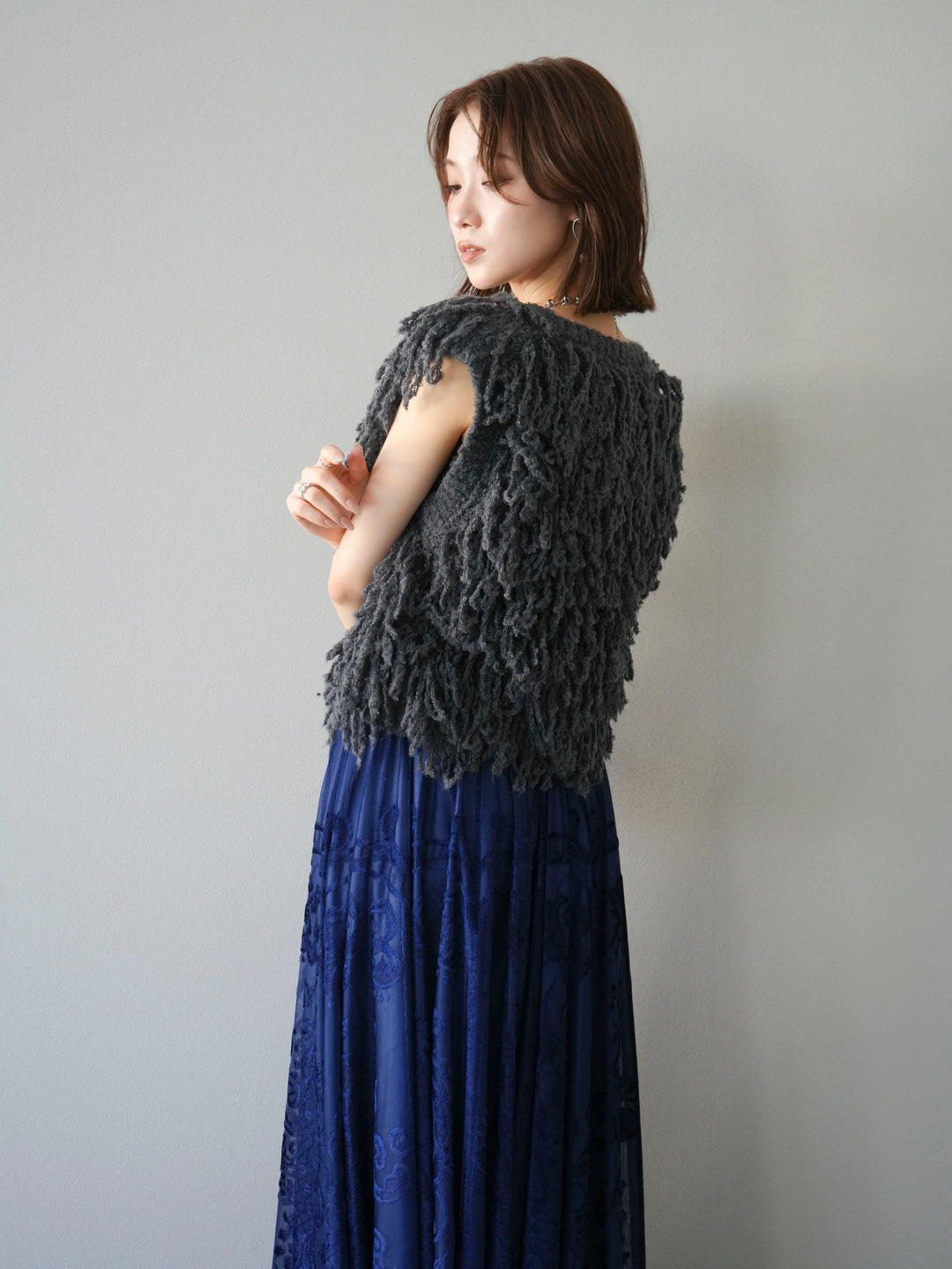 [SET]フリンジループニットベスト+アンティーク柄フロッキーマキシスカート(2set)