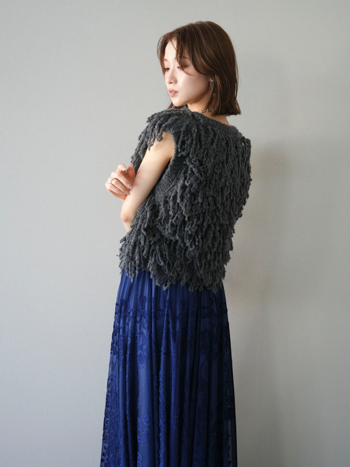 [SET]フリンジループニットベスト+アンティーク柄フロッキーマキシスカート(2set)