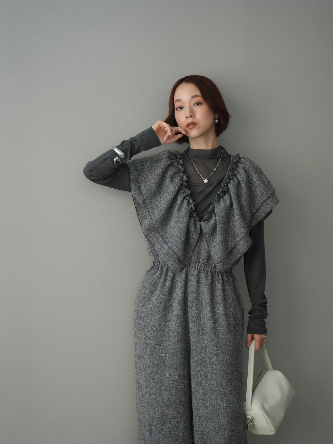 [SET]3WAYミックスツイードギャザーオールインワン+シアープチネックストレッチトップス(2set)