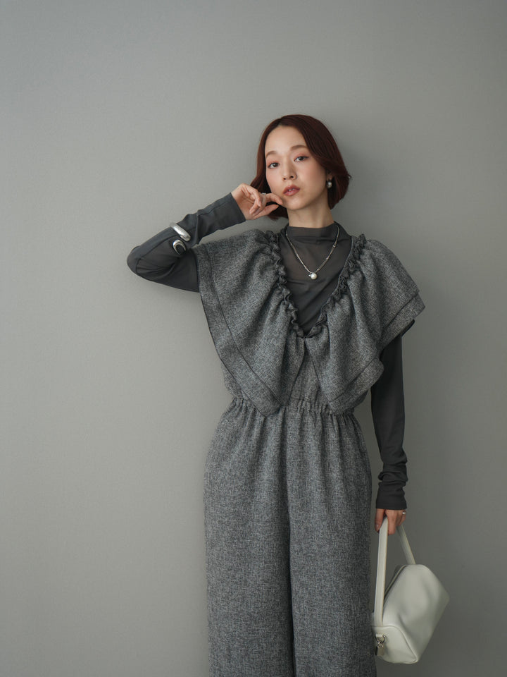 [SET]3WAYミックスツイードギャザーオールインワン+シアープチネックストレッチトップス(2set)