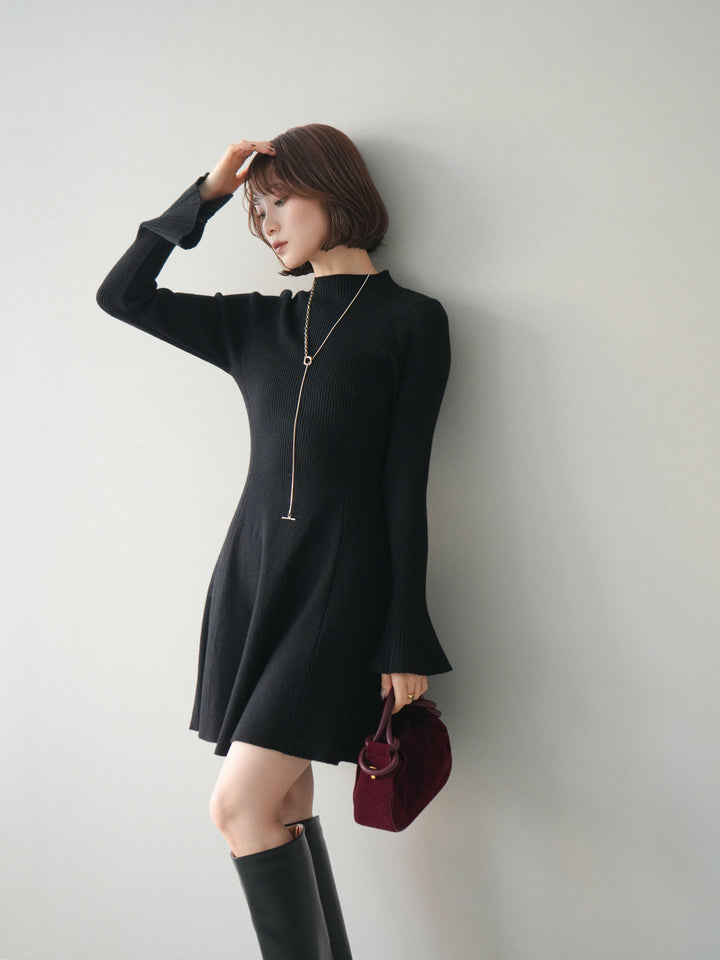 [予約]フレアリブニットミニワンピース/black