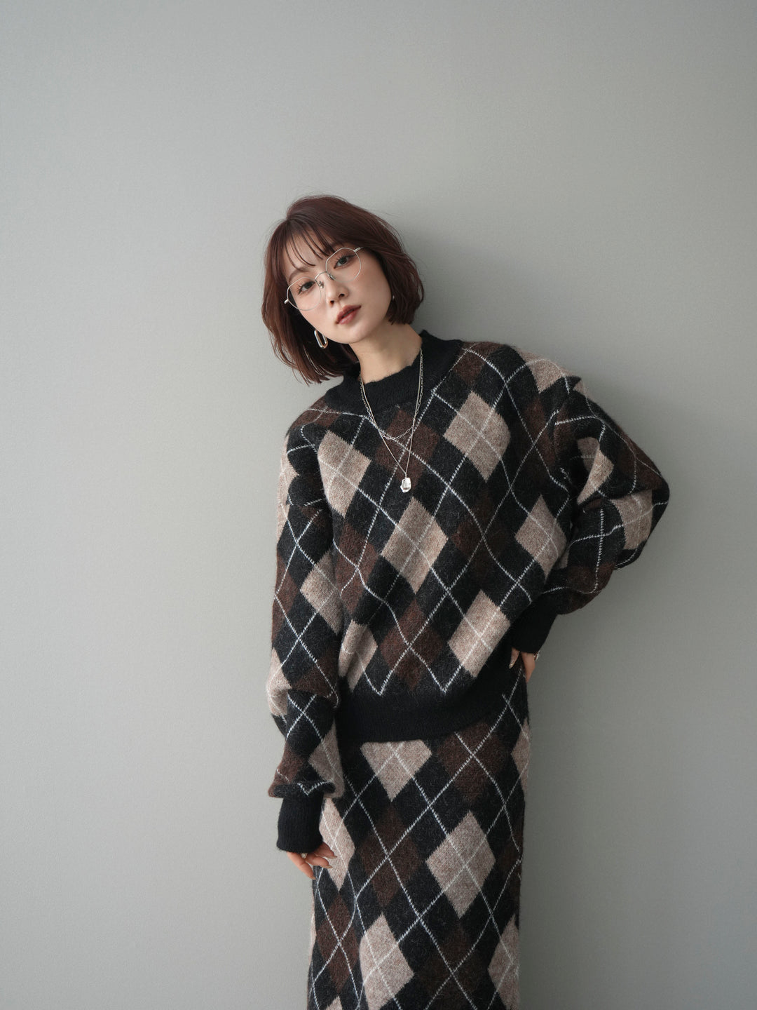 [SET]アーガイルニットプルオーバー&ロングスカートSET UP+選べるアクセセット(2set)