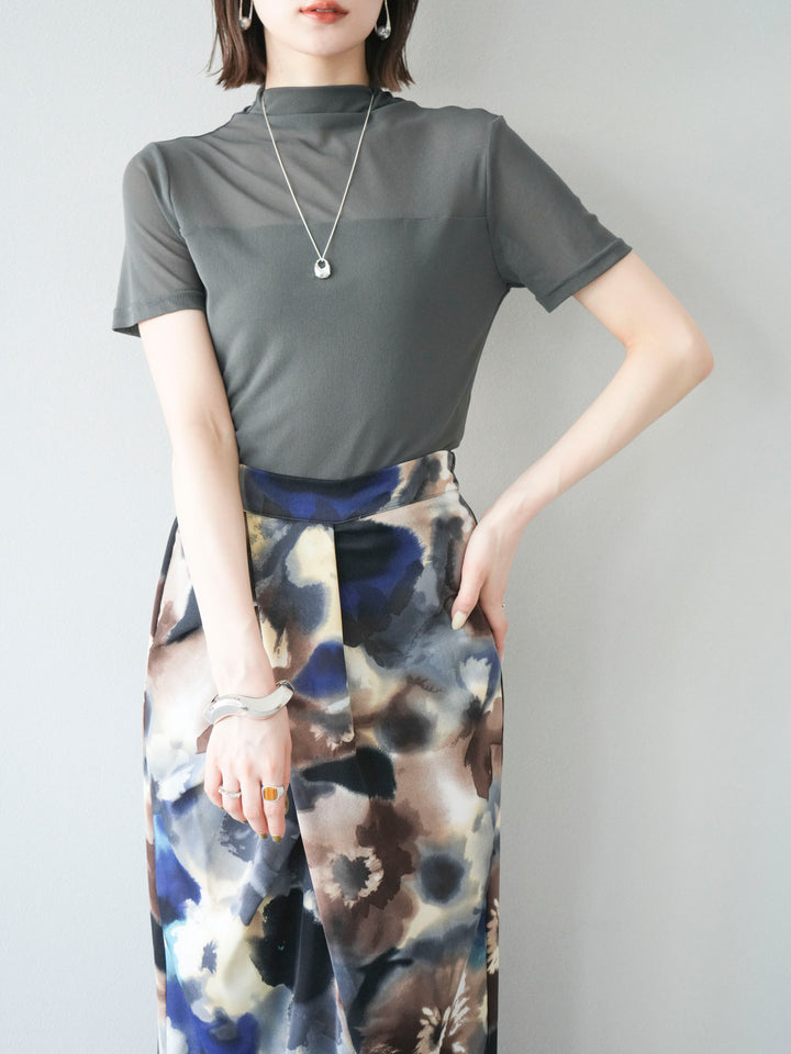 [SET] 透視半袖上衣 + 水彩印花褶襉I字裙 (2set)