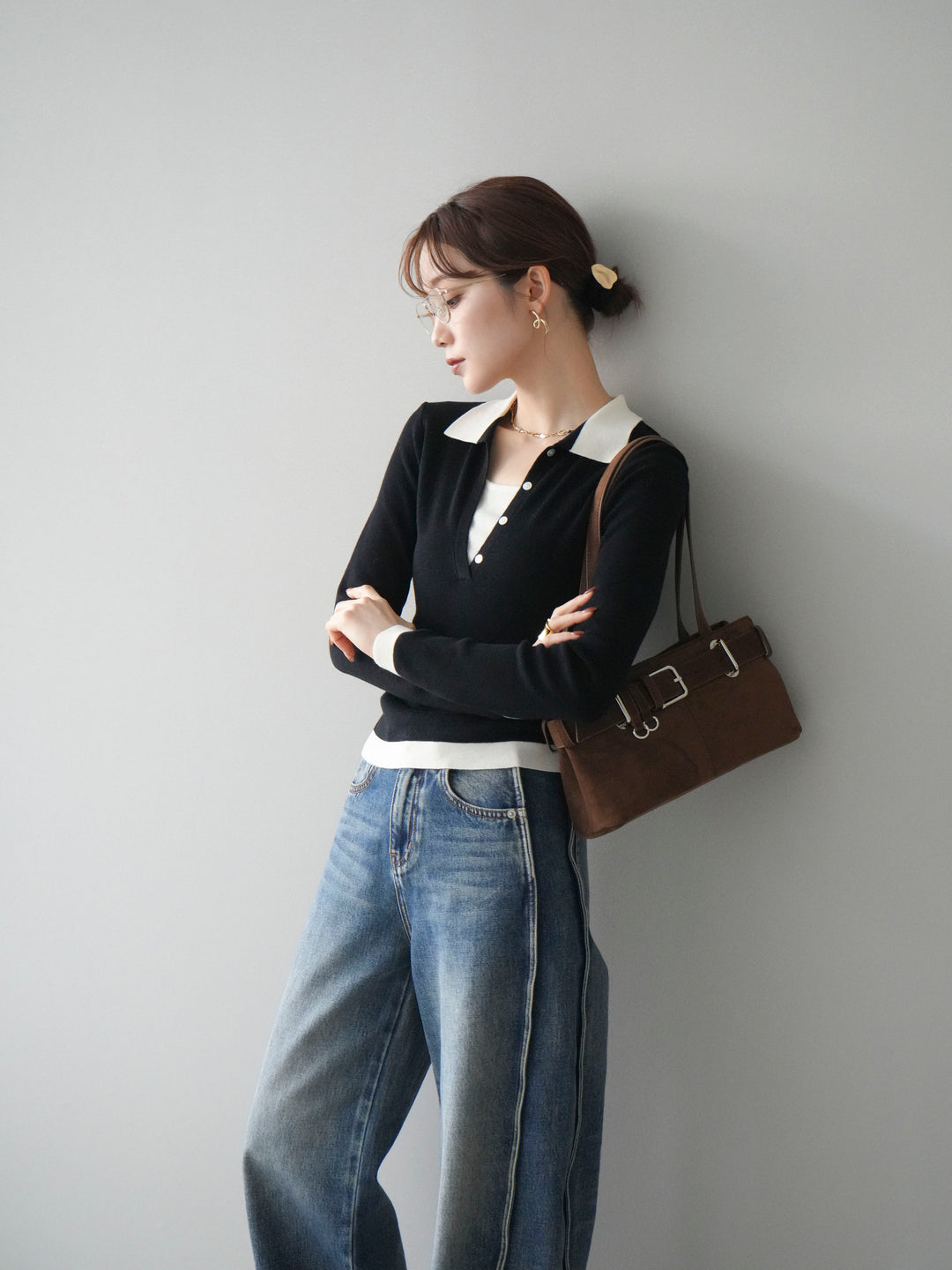 [予約]レイヤード配色ポロニットトップス/black