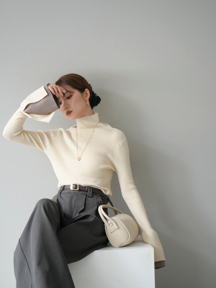 [SET] 疊層喇叭袖高領針織上衣 + 雙褶寬褲 (2 套)