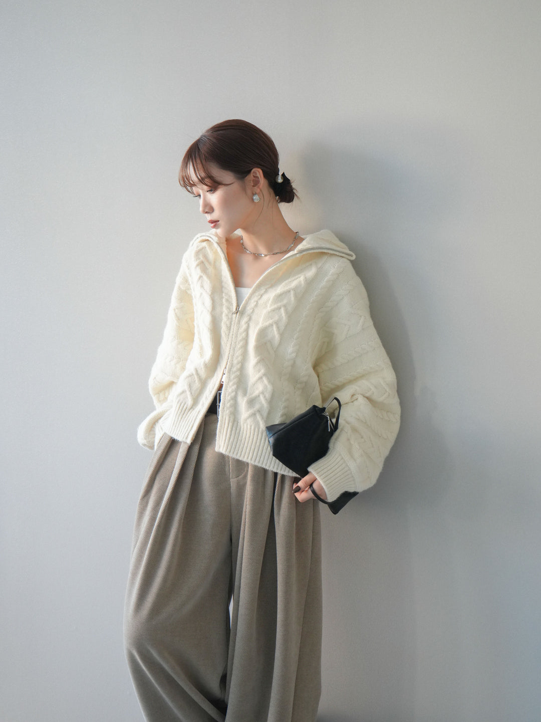 [SET]ケーブル編みハイネックZIPニットカーディガン+ケーブル編みハイネックZIPニットカーディガン(2set)