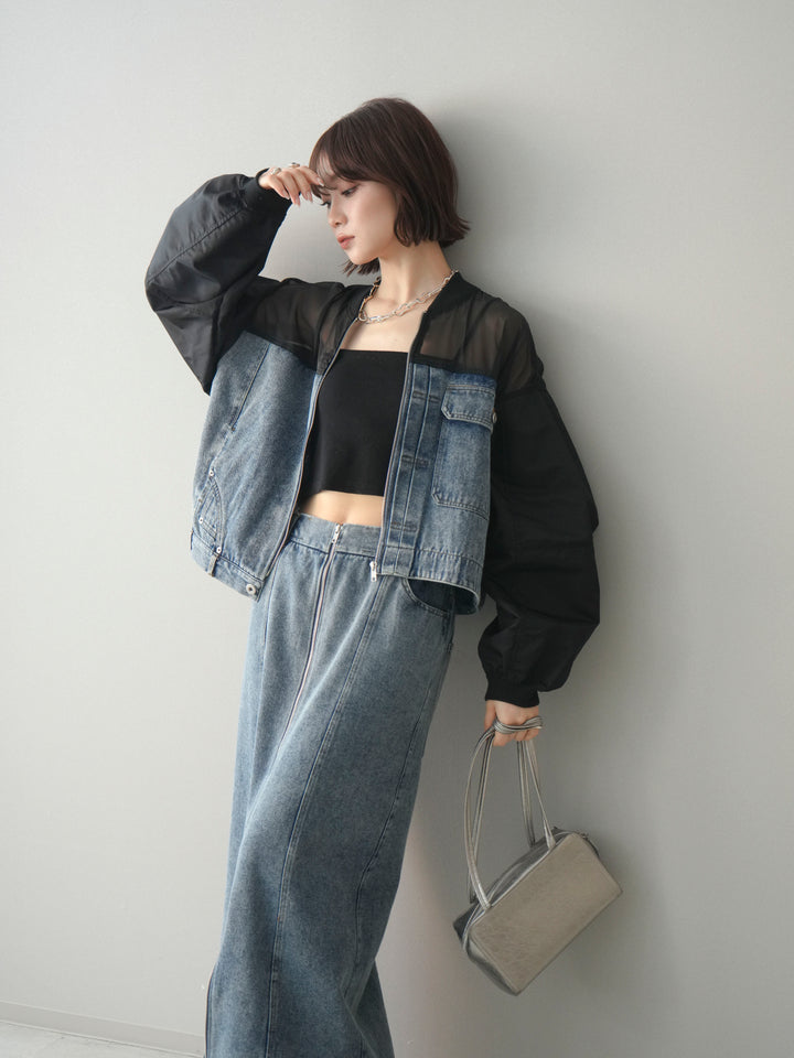 [SET]異素材デニムブルゾン+フロントジップデニムスカート(2set)