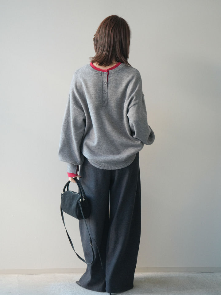 [SET]ヘンリーネック配色レイヤードニットプルオーバー+アニマル柄ベルト付きウールタッチワイドパンツ(2set)