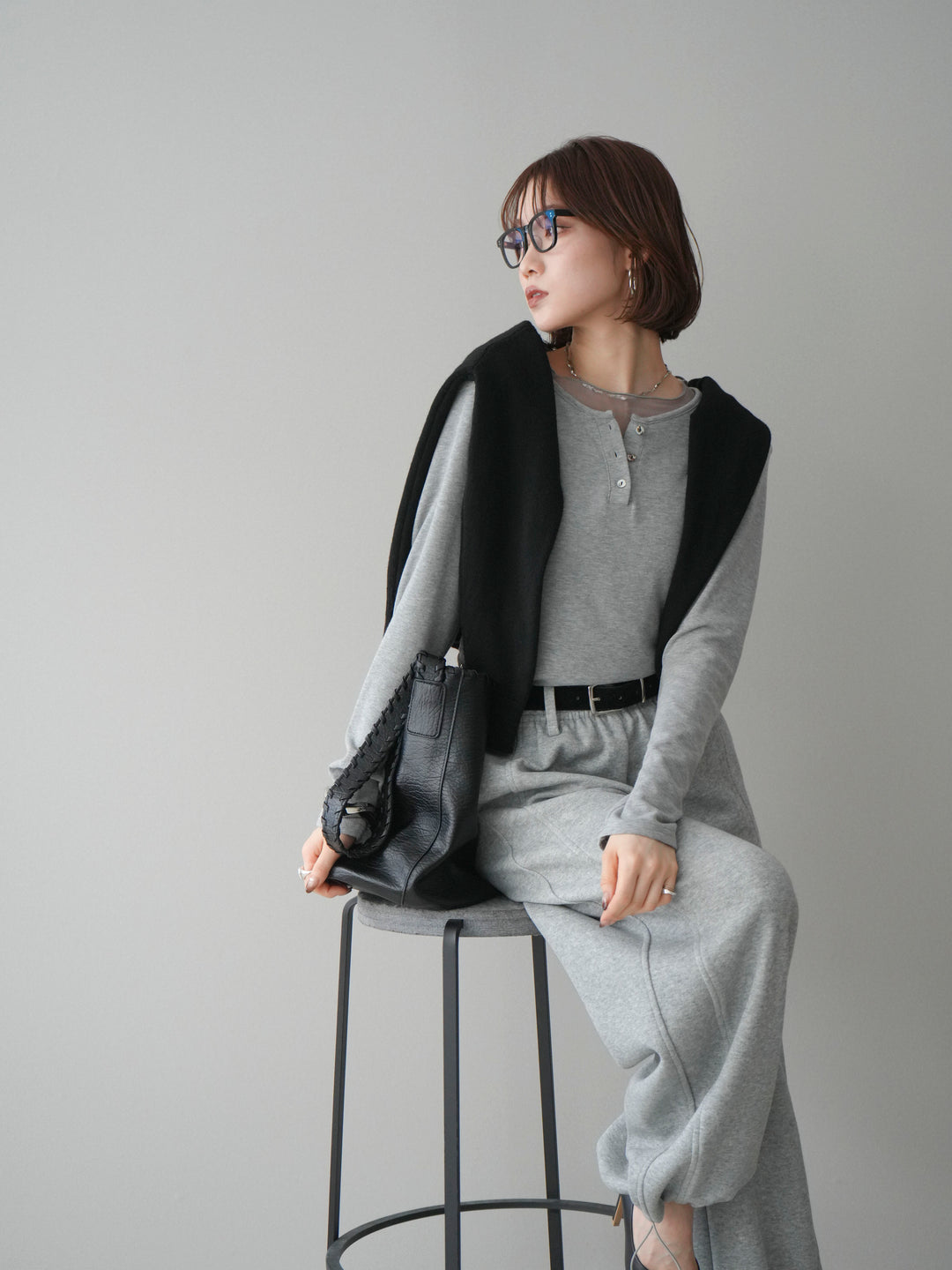 [予約]チュールレイヤードヘンリーネックカットソー/gray