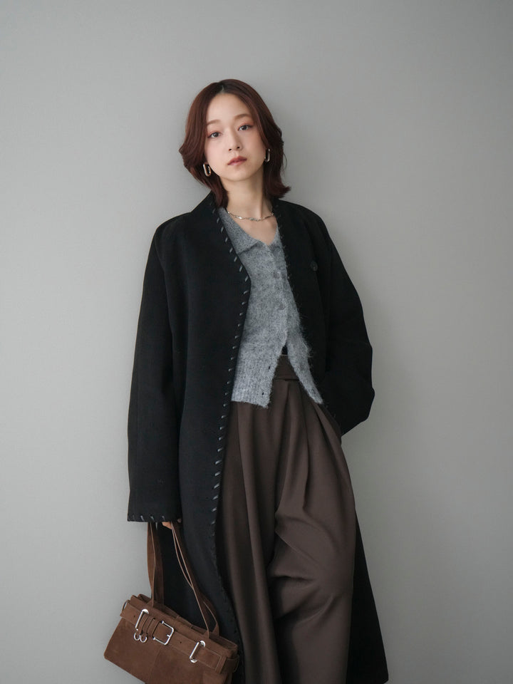 [SET]ハンドステッチ裏中綿ロングコート+モヘア衿付きボタンプルオーバー(2set)