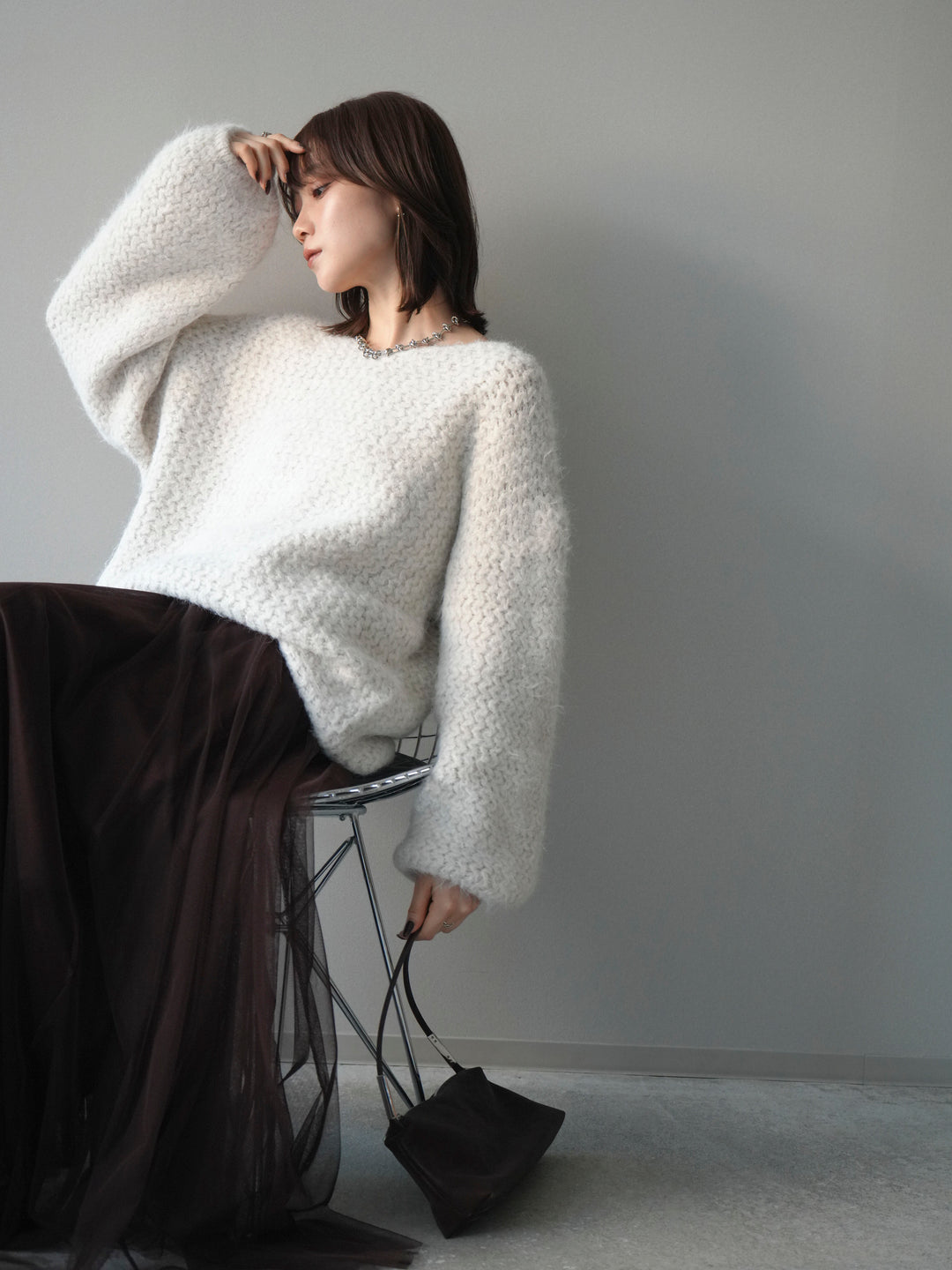 [SET]ウールタッチラメミックスヤーンVネックニットプルオーバー+チュールボリュームスカート(2set)