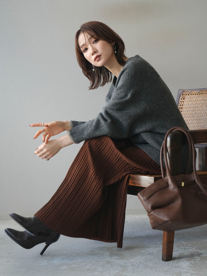 [SET]Vネック配色スリーブニットプルオーバー+選べるアクセセット(2set)