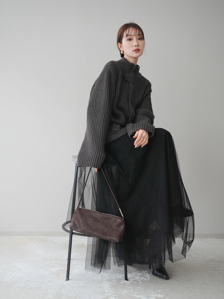 [SET]畦編みボトルネックZIPニットカーディガン+チュールボリュームスカート(2set)