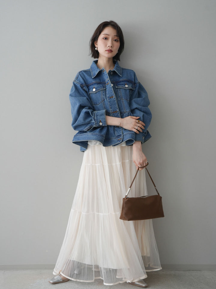 [予約]ラメプリーツレイヤードチュールロングスカート/ivory