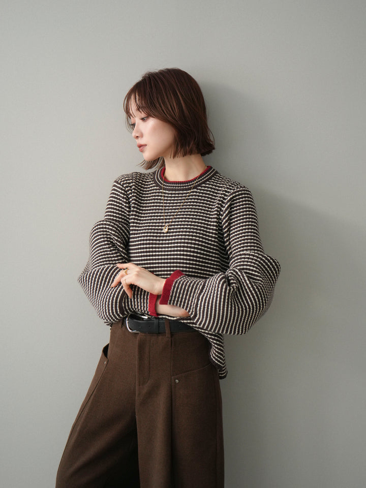 [予約]ラメ異素材ボーダーリブニットプルオーバー/brown×red