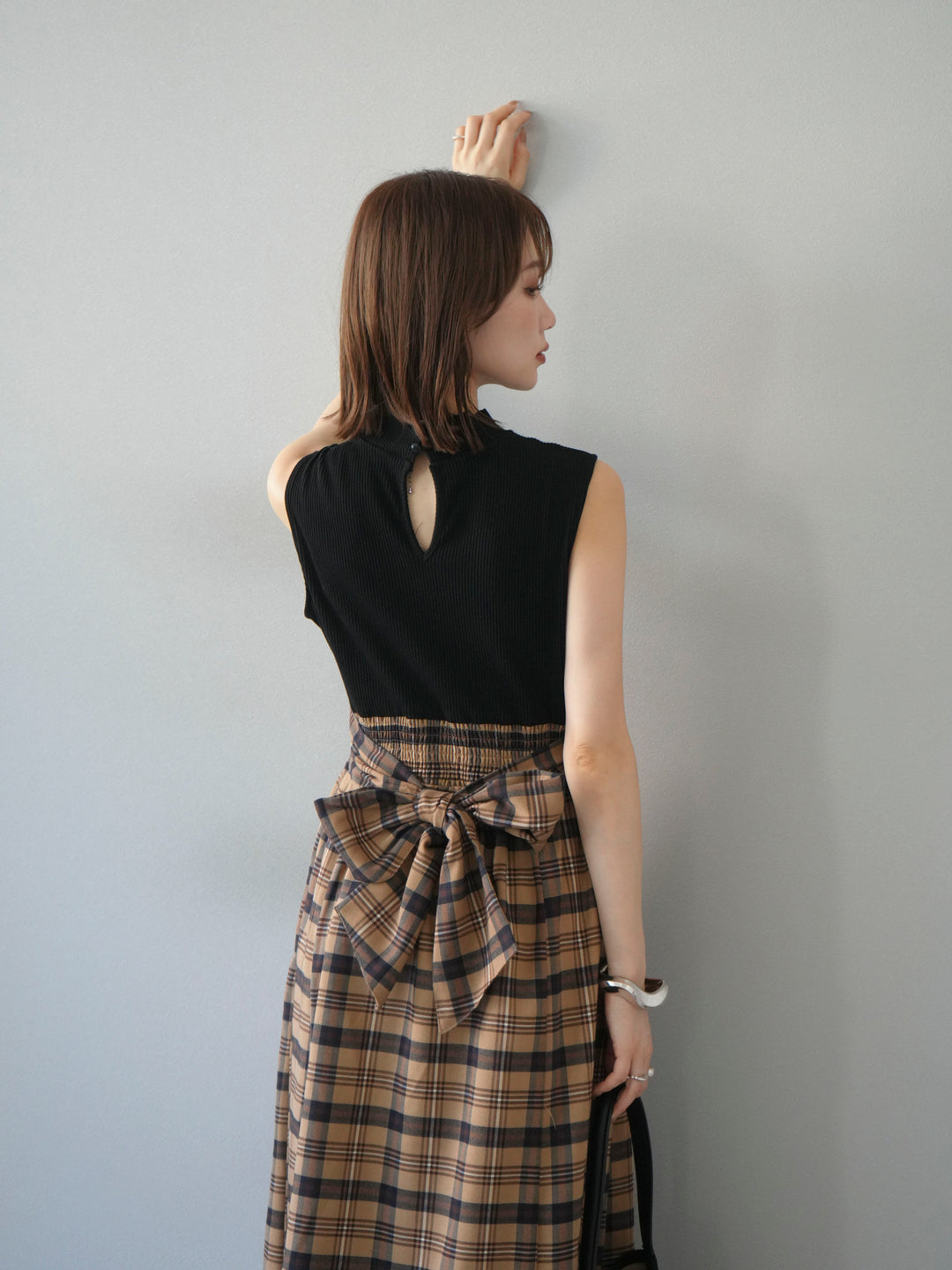 [予約]テレコ×チェックドッキングノースリワンピース/ブラック×ベージュ