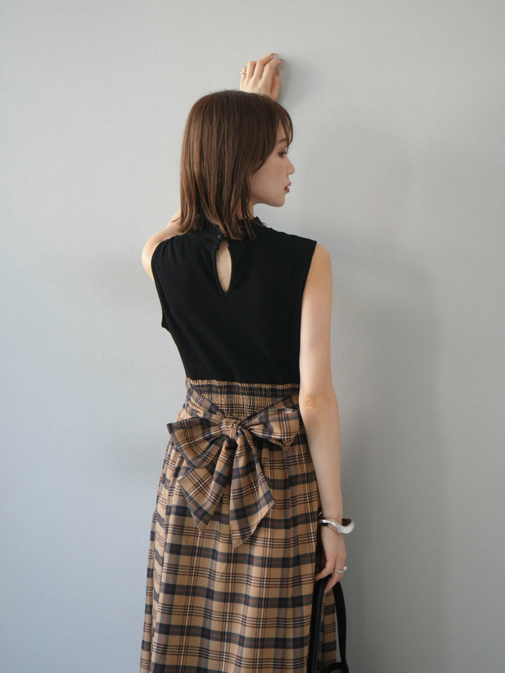 [予約]テレコ×チェックドッキングノースリワンピース/ブラック×ベージュ