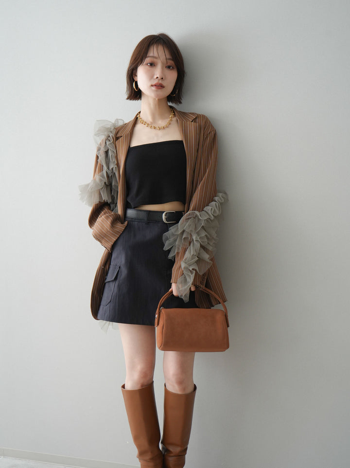 [予約]アシンメトリーチュールストライプジャケット/goldbrown