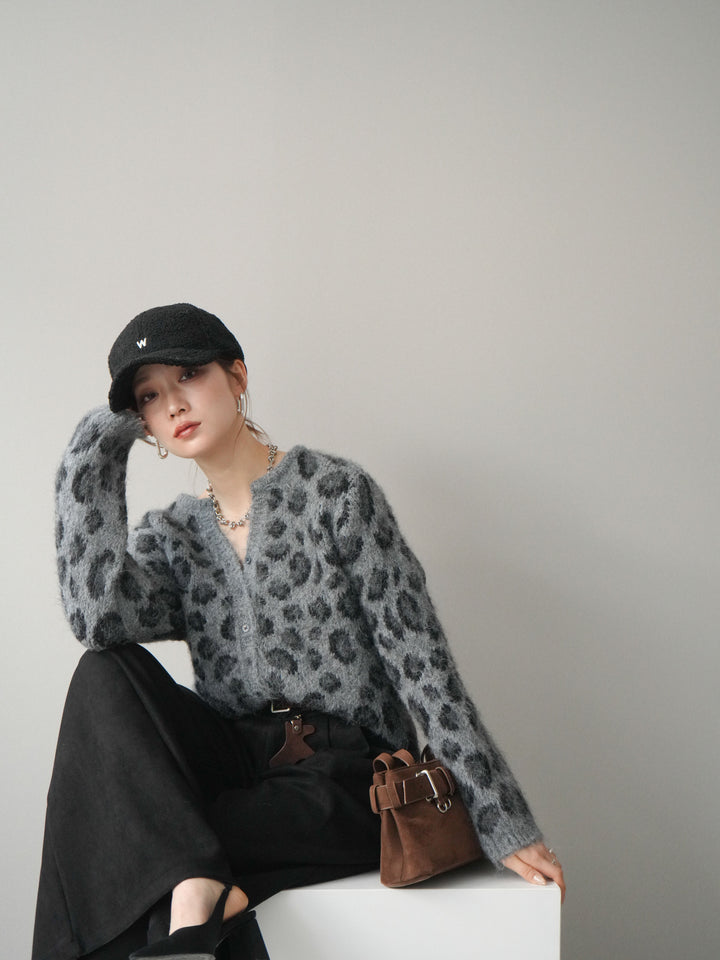 [SET]モヘアタッチレオパード柄ニットカーディガン+モチーフベルト付スエードタックワイドパンツ(2set)