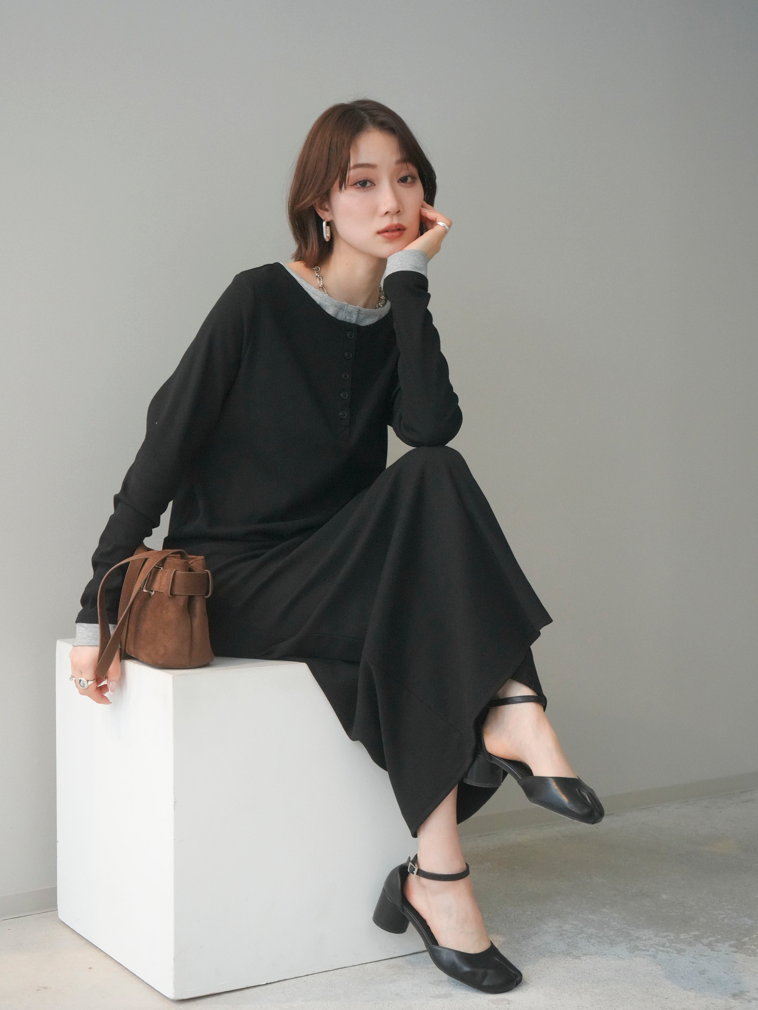 予約]配色レイヤードヘンリーネックカットリブワンピース/black – Lumier