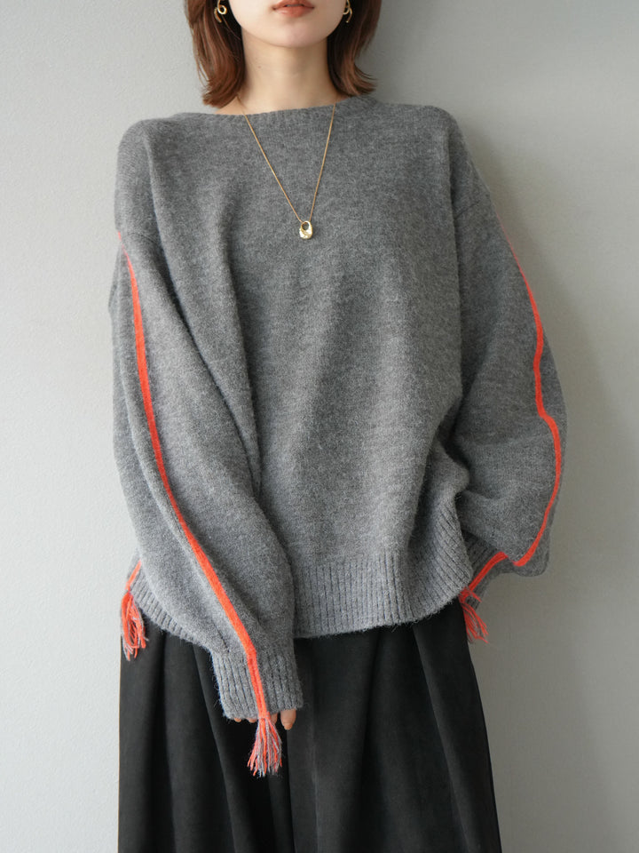 [SET]配色ステッチフリンジニットプルオーバー +スウェードタックワイドパンツ(2set)