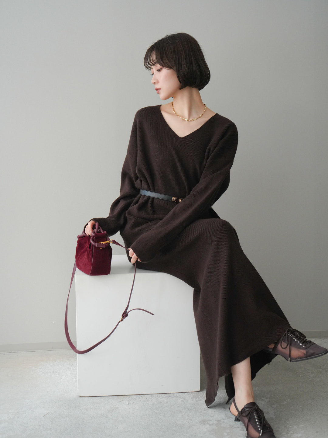 [SET]ベルト付Vネックニット＆スカートSET UP+ベルト付Vネックニット＆スカートSET UP(2set)