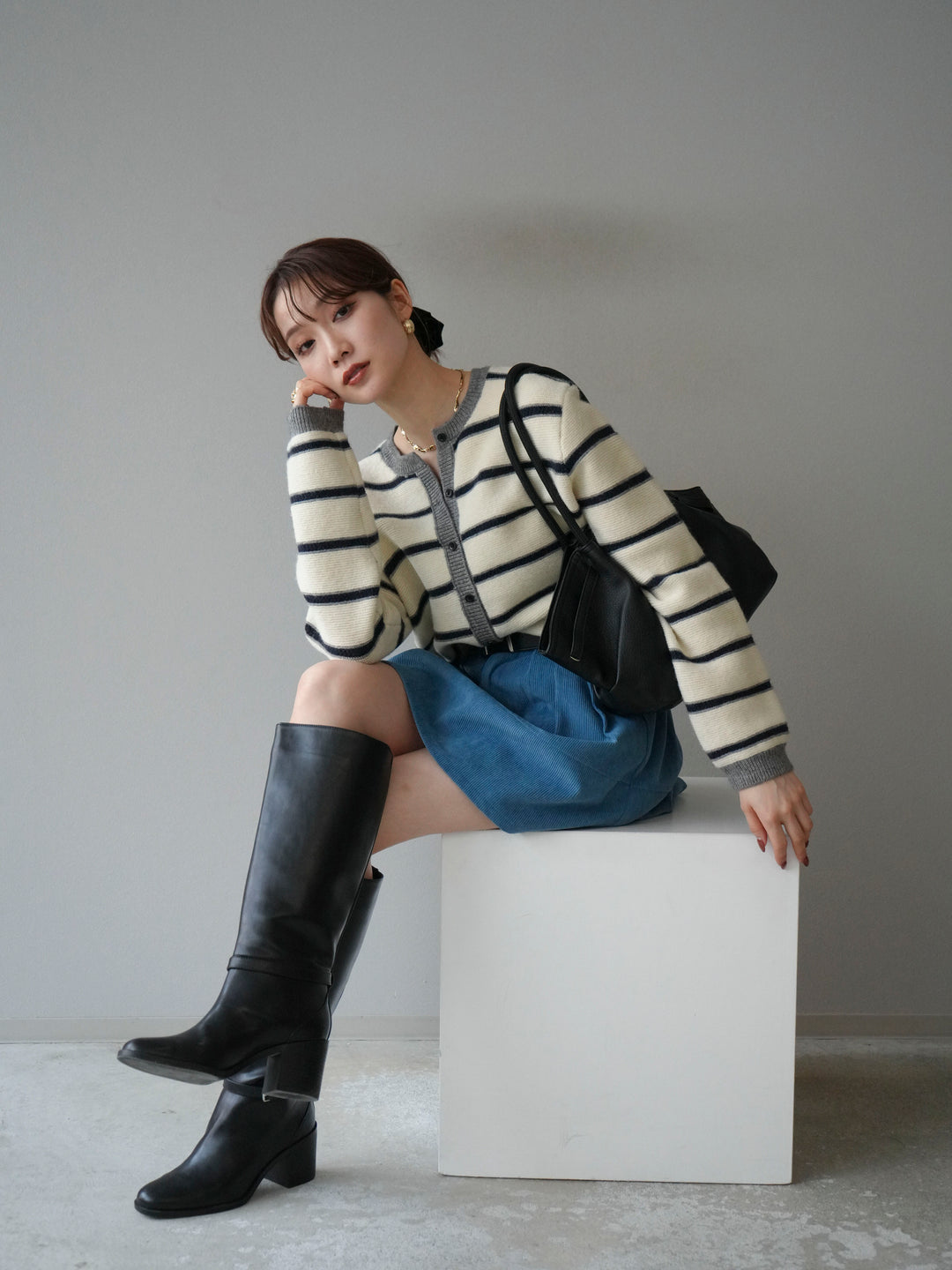 [予約]配色ボーダーニットカーディガン/apricot