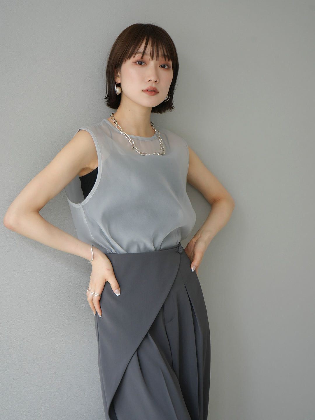 [SET] Organza sleeveless top + wrap wide pants (2set)