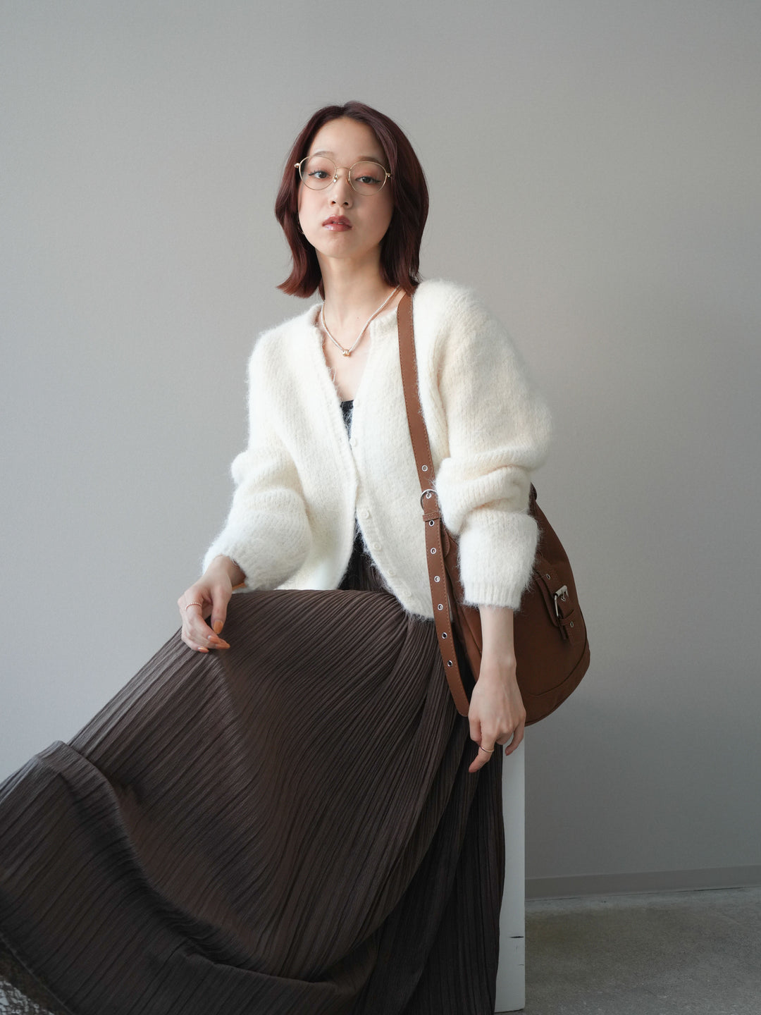 [予約]キーネックシャギーニットカーディガン/ivory