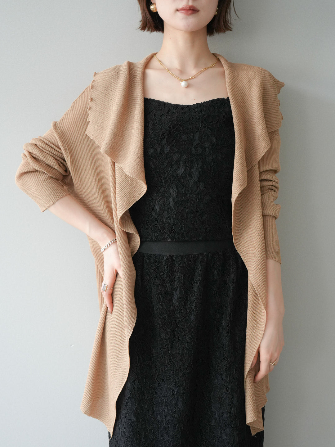 [SET]ドレープリブニットガウン+フルレースキャミ＆IラインスカートSET UP(2set)