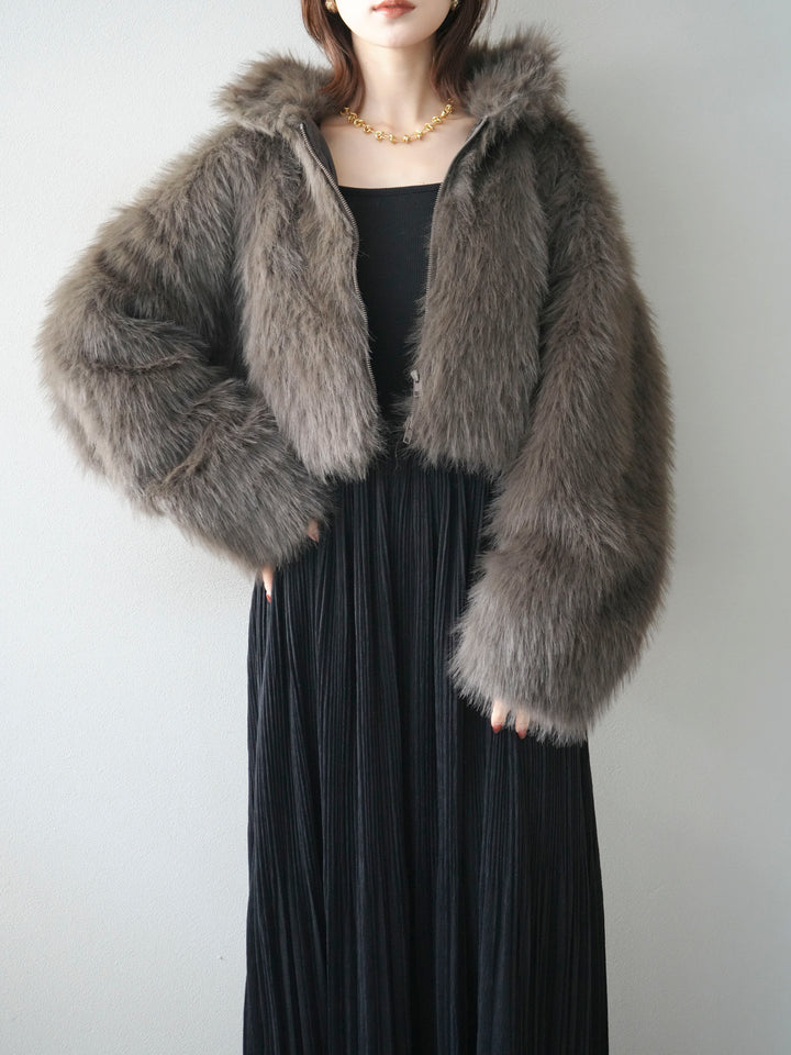 [予約]フェイクファーショートZIPジャケット/brown