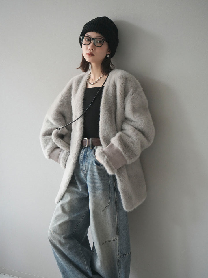 [SET]バッグ付エコファーノーカラーコート+ベルト付カーブデニムパンツ(2set)