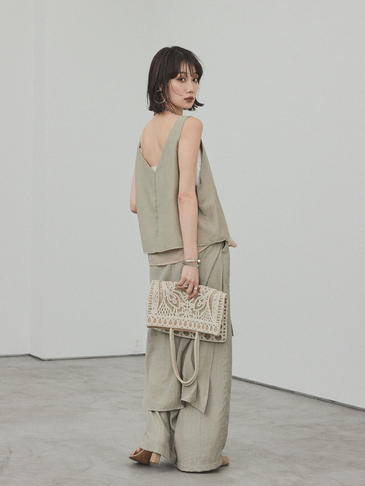 [SET] 洗衣機緞面透明層疊背心 + 洗衣機緞層疊裙褲 (2set)