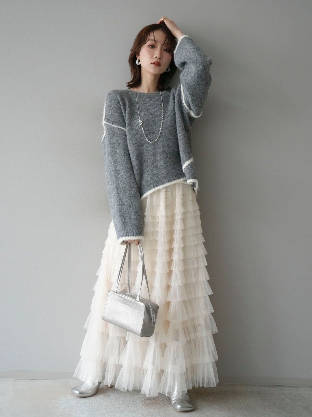 [SET]バイカラーレイヤードデザインニットプルオーバー+チュールティアードスカート(2set)
