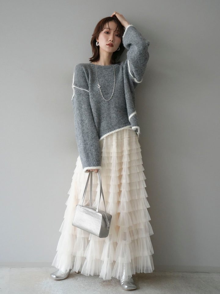 [SET]バイカラーレイヤードデザインニットプルオーバー+チュールティアードスカート(2set)