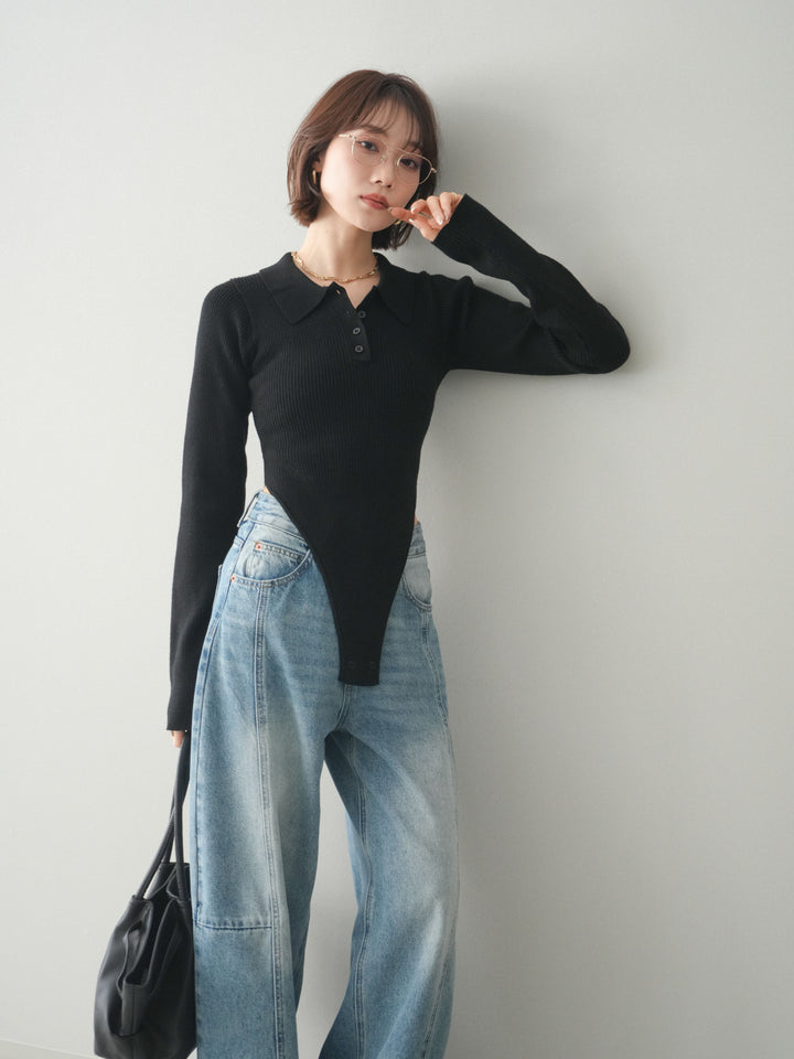 [予約]リブポロニットボディスーツ/black