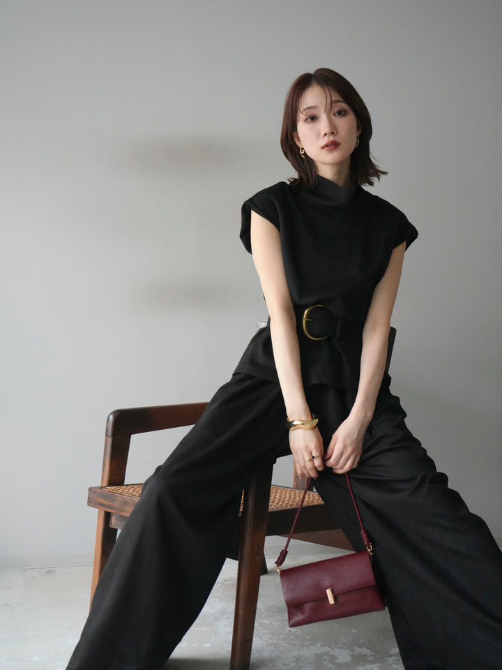 [SET]ベルト付スエードハイネックプルオーバー＆ワイドパンツSET UP