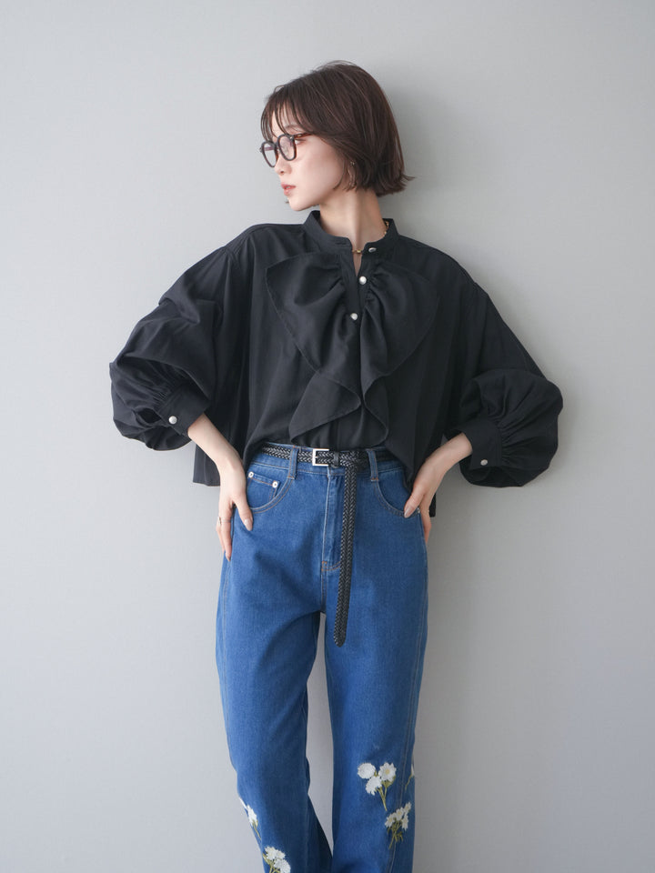 [SET]ラッフルフレアショートブラウス+フラワー刺繍ストレートデニム(2set)